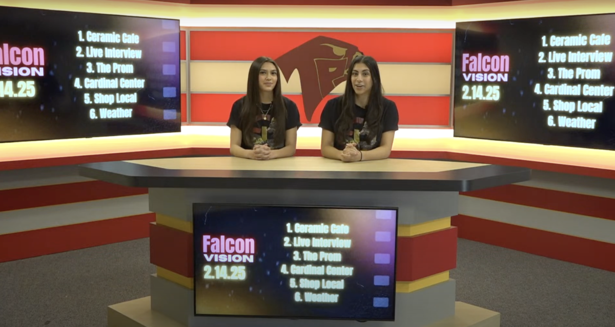 Jamie Crowley and Karina Shukla anchor the Valentine's Day show. This week's episode covered stories from local businesses to sports recaps. Photo courtesy of Bailey Dotters.